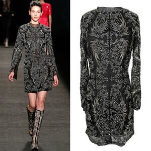 Monique Lhuillier FW14 Beaded Sequin Cocktail Dress Black Silver Silk Size 4